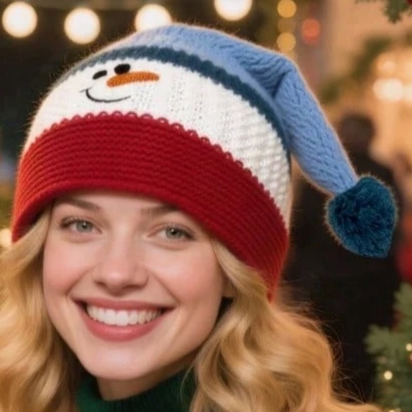 Cozy Snowman Color Block Pom Knit Christmas Holiday Beanie - Picture 2 of 4